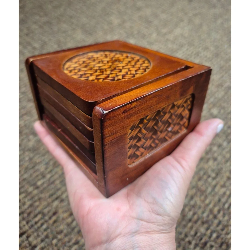 Vintage Wood and Woven Rattan Coaster‎ Set w Matching Holder 6 Piece Boho Decor